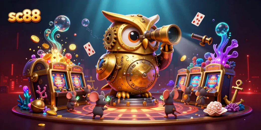 Experience sc88 excitement with a golden owl and whimsical mice amidst dynamic casino action.
