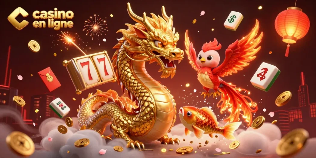 Gagnez avec un casino en ligne en jouant à des machines à sous, dragons et phénix dans une scène dynamique.