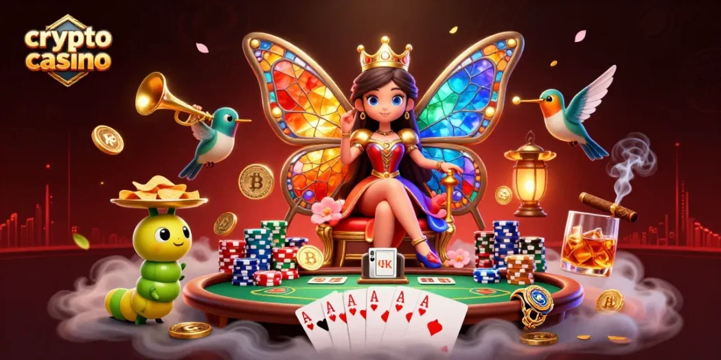 Casino crypto avec une reine papillon 3D et des éléments de poker captivants.