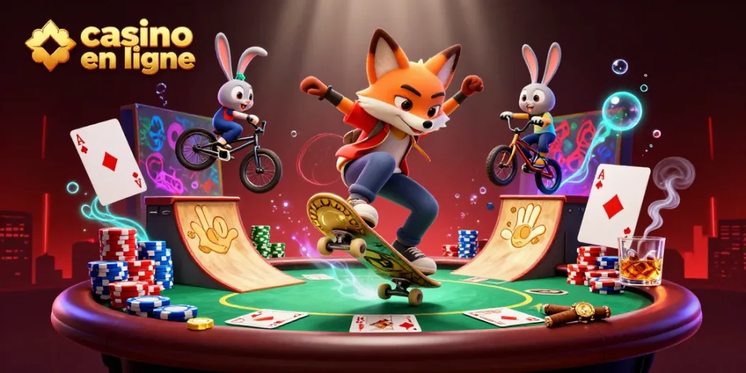 Illustration dynamique de casino en ligne avec un renard skateboardeur et un lapin BMX autour de jetons de poker.