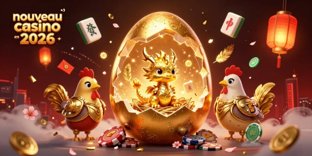 Imaginez une illustration d'un nouveau casino en ligne 2026 avec un dragon doré et des jetons de poker.