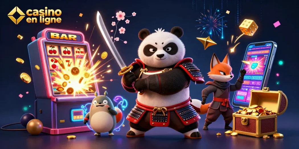 Jouez au casino en ligne avec des jackpots explosifs et un panda samouraï dynamique.