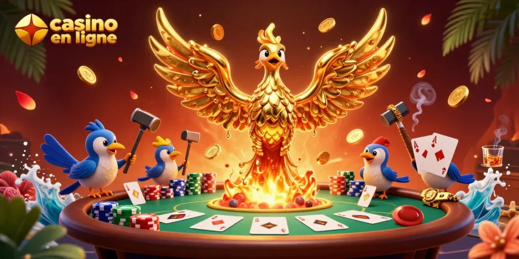 Rejoignez l'aventure au casino en ligne avec un phénix doré émergent, des jetons de poker et une ambiance animée.