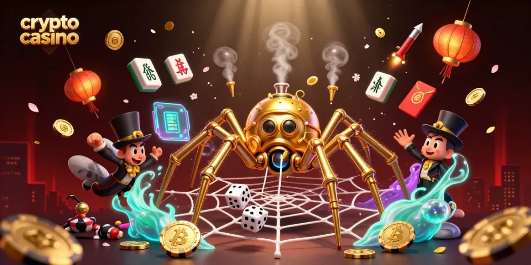 Illustration dynamique d'un crypto casino avec araignée steampunk et symboles de jeu, évoquant l'excitation des jeux d'argent.